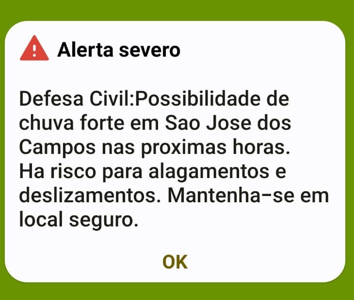 Alerta da Defesa Civil foi enviado a celulares em São José dos Campos, avisando sobre risco de chuva forte e possíveis alagamentos.