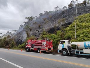 Incêndio em vegetação mobiliza bombeiros e caminhão-pipa no Morro do Areal, em Ubatuba
