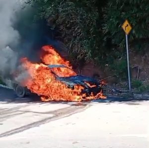 Carro pega fogo e é consumido pelas chamas na SP-50, em São José dos Campos