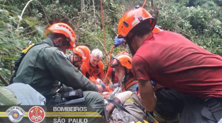 Tronco cai sobre perna, e funcionário é resgatado pelos Bombeiros!