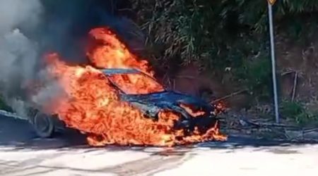 Carro pega fogo e é consumido pelas chamas na SP-50, em São José dos Campos