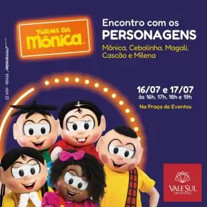 Os pequenos poderão tirar fotos gratuitas com a Mônica, Cebolinha, Magali, Cascão e Milena, às 16h, 17h, 18h e 19h, na Praça de Eventos do shopping.