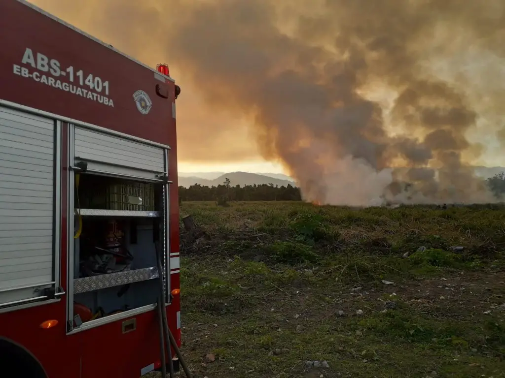 Incêndio atinge área de 7 mil m² de vegetação em Caraguatatuba e mobiliza Bombeiros