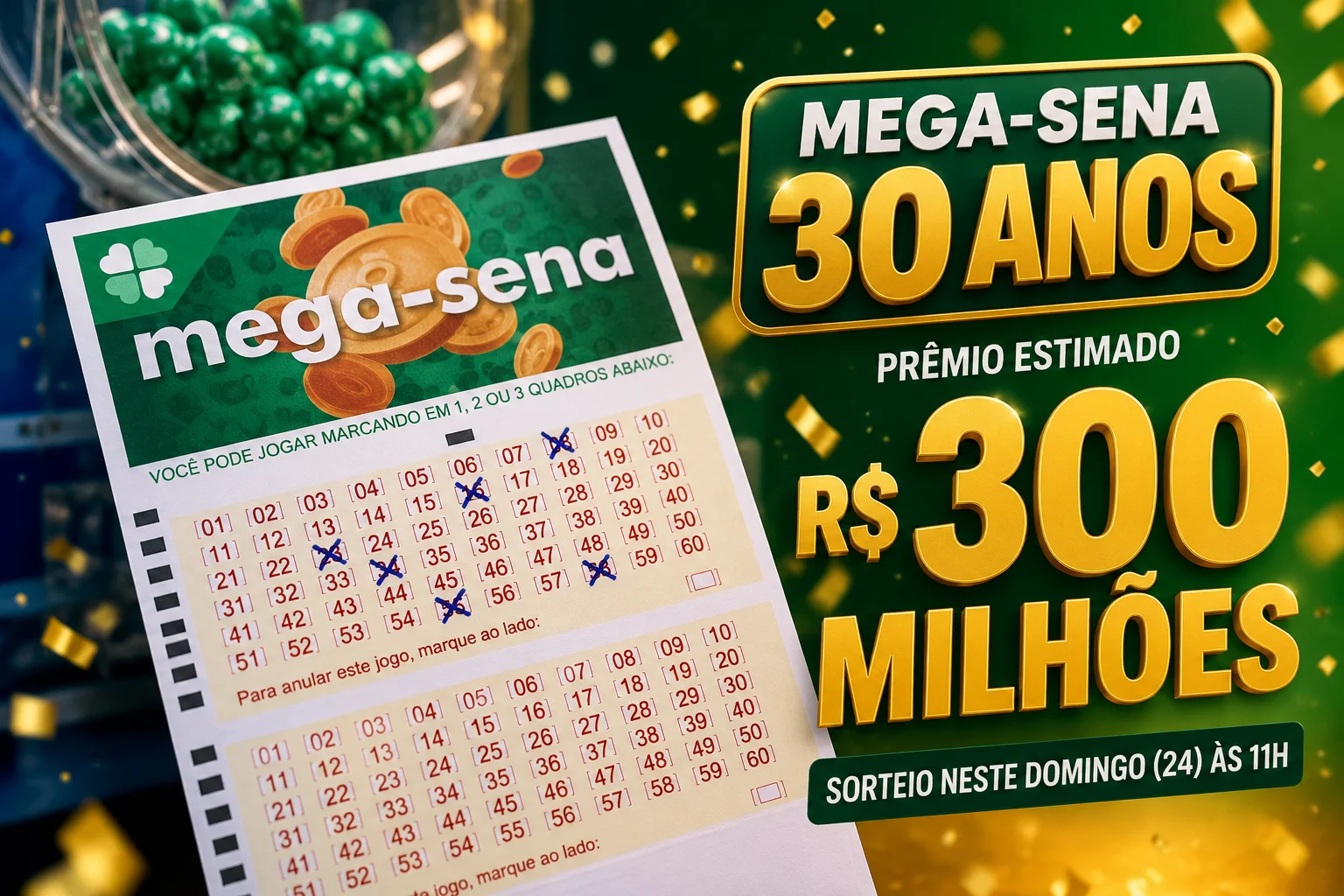Sorteio especial da Mega-Sena 30 anos terá prêmio estimado em R$ 300 milhões