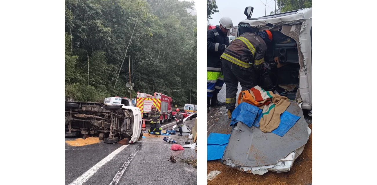 Motorista fica preso nas ferragens após veículo capotar na Rodovia dos Tamoios