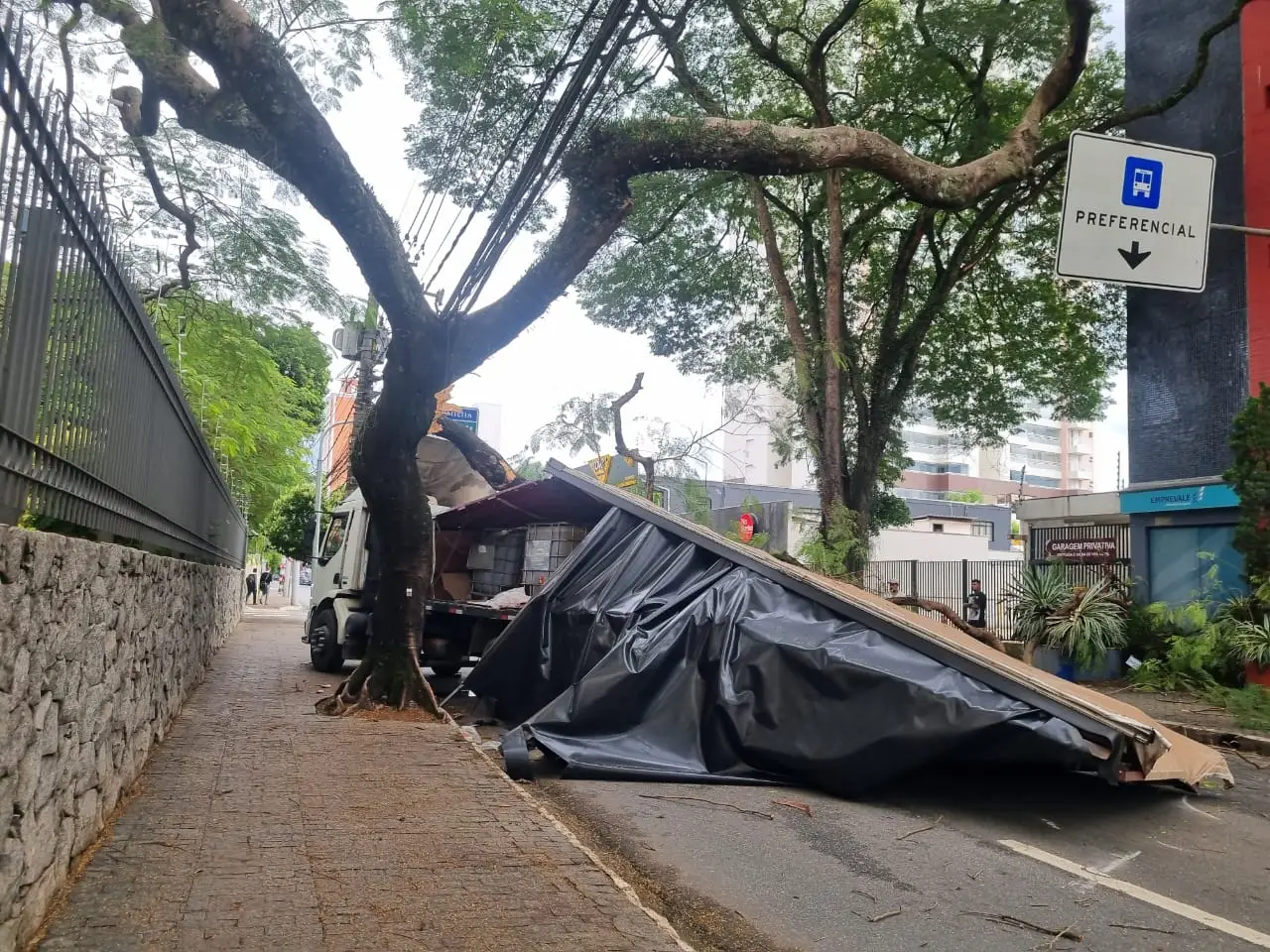 Caminhão atinge árvore e interdita totalmente a Avenida São João, na região do Esplanada, em São José dos Campos