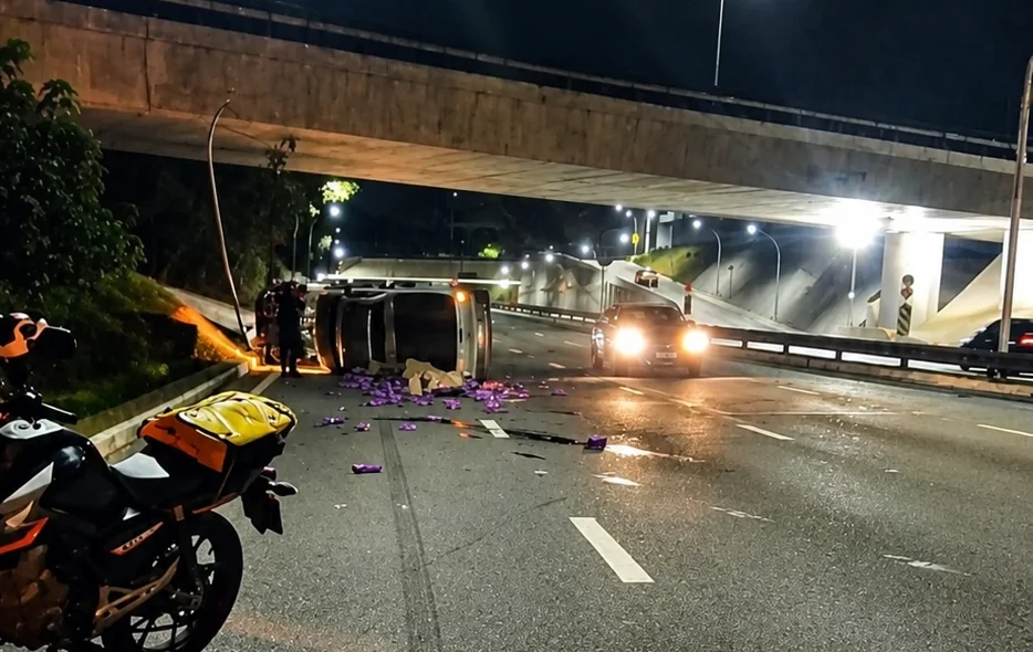 Acidente no Anel Viário deixa dois carros tombados em São José dos Campos